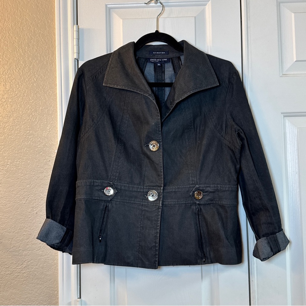 JONES NEW YORK SIGNATURE STRETCH Charcoal Gray L/S Jacket Blazer Sz M - Picture 1 of 6